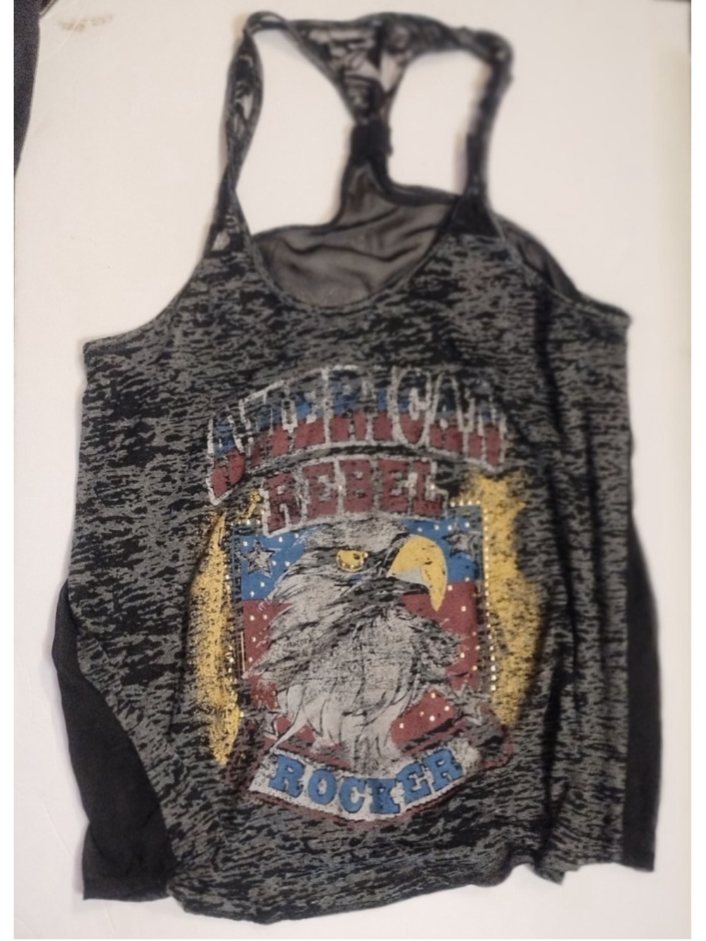 Racer back tee shirt, graffic design, with eagle, american rebel rocker, black